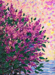 Obraz na płótnie Canvas Oil painting Lilac bush in spring