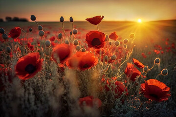 Poppy field in sunset. Created with Generative AI technology.