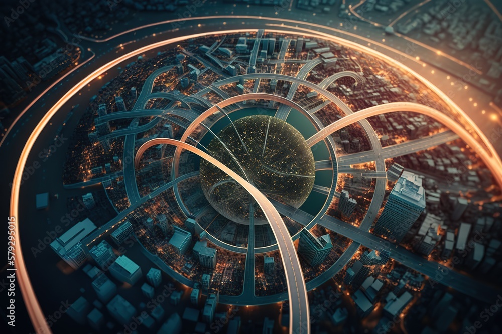 Poster modern concept of urban landscape and communication network.generative ai