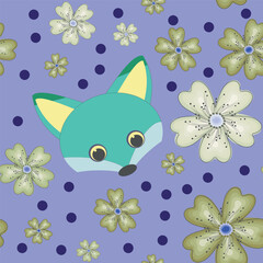 Seamless pattern with decorative flowers and a fox muzzle. Vector file for designs.