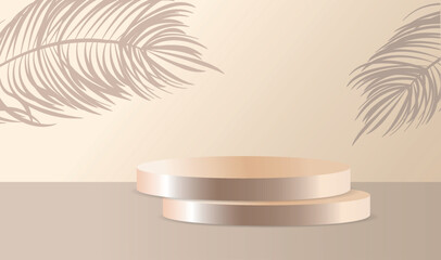 Studio with a shadow of palm leaves on the wall, a room with a minimum number of stands. Vector 3D scene composition for product presentation. Podium for goods in pink and beige colors. Cyclorama