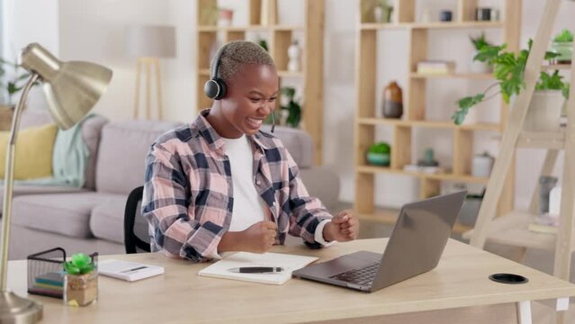 Remote work, call center success or happy black woman in a telemarketing or customer services goals. Bonus target winner, fist or excited sales agent in celebration for winning a deal in home office