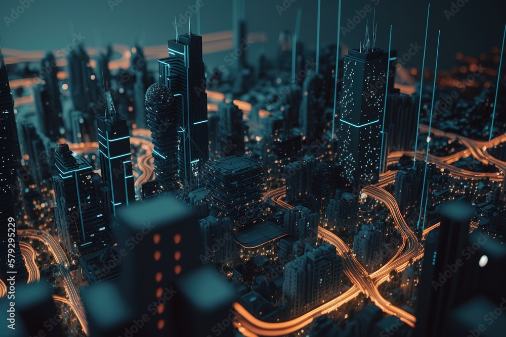 Poster Modern concept of urban landscape and communication network.Generative AI