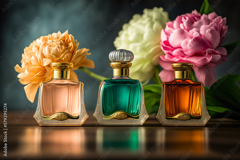 Poster three elegant perfume bottles with flowers in background. created with generative ai technology.