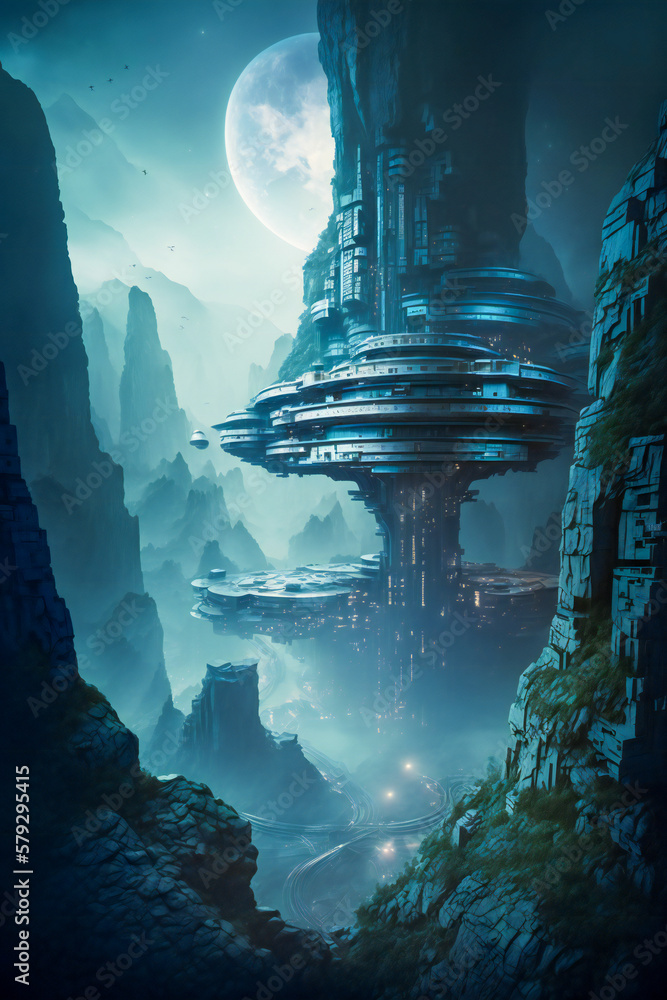 Poster futuristic or ancient structures on an alien planet. advanced alien technology. created with generat