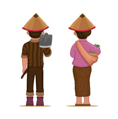 Asian Farmer Worker Couple from Back View Character Set Cartoon illustration vector
