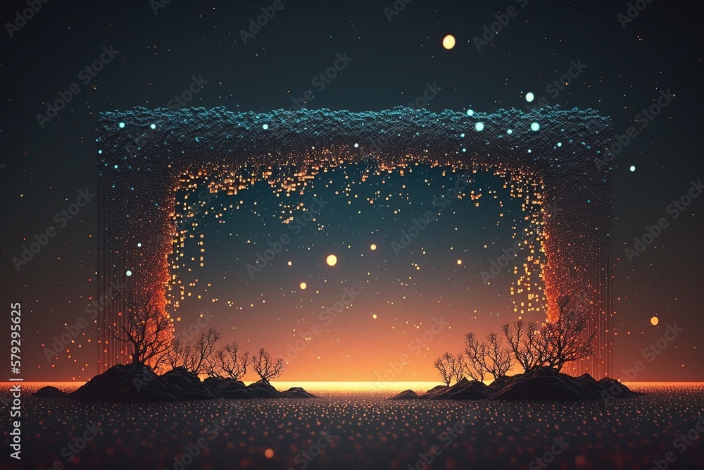 Poster Abstract digital landscape with particles of dots and stars on the horizon.Generative AI