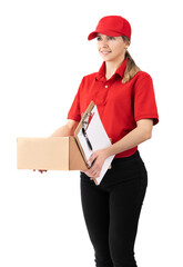 Young woman holding a parcel and a clipboard smiling happily and positively, a woman as a parcel delivery woman isolated on a white background wearing a red outfit
