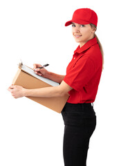 Young woman holding a parcel and filling documents with a clipboard smiling happily and positively, woman as a parcel delivery woman isolated on a white background wearing a red outfit. standing sidew