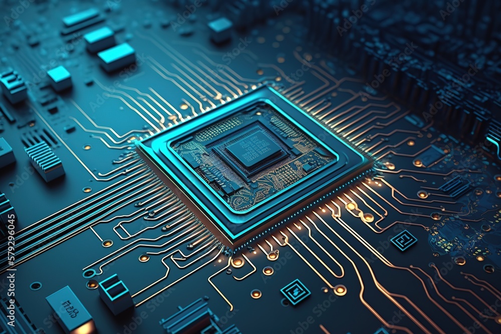 Aufkleber the background of the printed circuit board is blue.generative ai