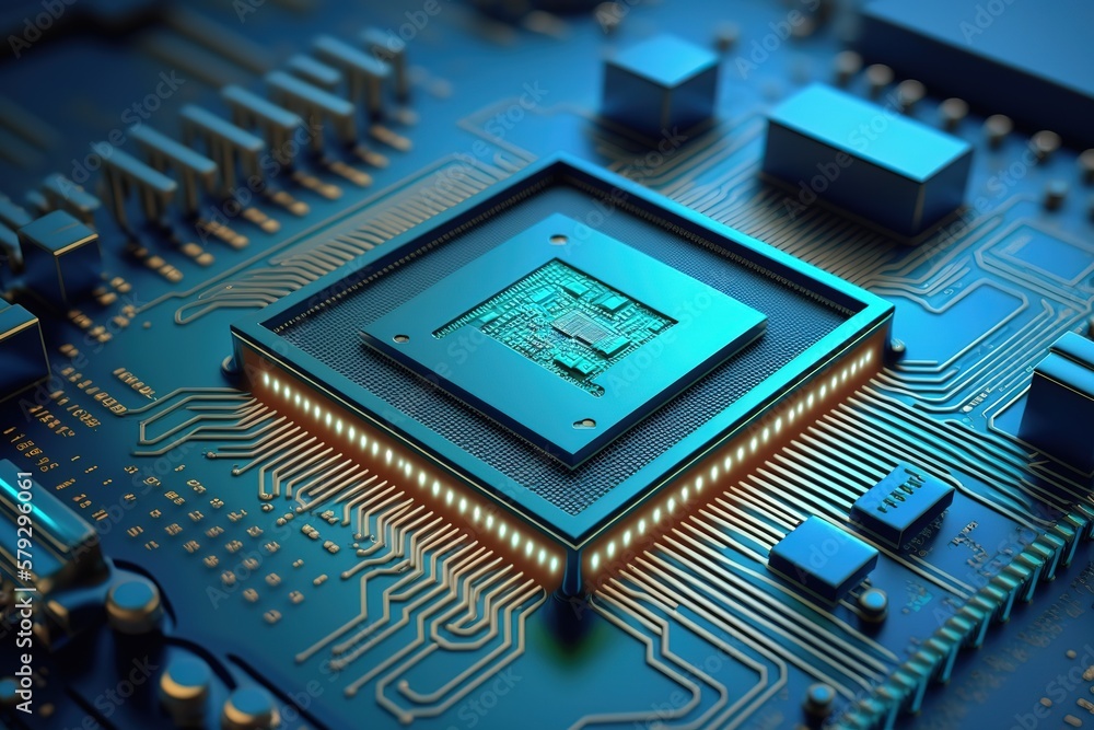 Poster the background of the printed circuit board is blue.generative ai