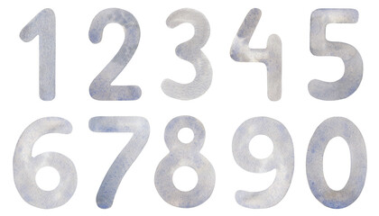 A set of gray numbers from 0 to 9. A watercolor illustration drawn by hands. Figures for the design of children's goods, cards and baby's education.