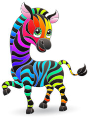Stained glass illustrations with cartoon zebra, animal isolated on a white background