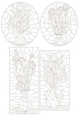 Set of contour illustrations of stained glass Windows with floral still lifes, bouquets of irises and tulips in vases, dark contours on a white background