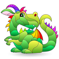 Stained glass illustrations with cute cartoon dragon, animal isolated on a white background
