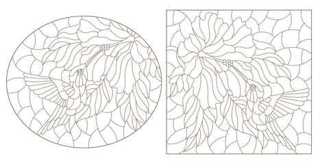 A set of contour illustrations in the style of stained glass with hummingbird birds and flowers, animals isolated on a white background