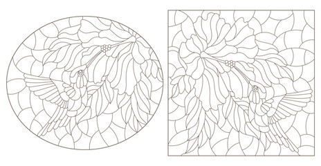 A set of contour illustrations in the style of stained glass with hummingbird birds and flowers, animals isolated on a white background © Zagory