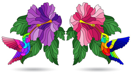 A set of stained glass illustrations with bright hummingbird birds and flowers, animals isolated on a white background © Zagory