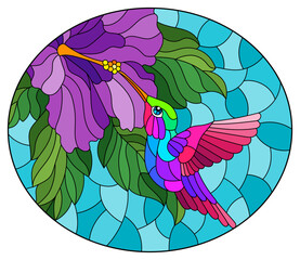 A stained glass illustration with a bright hummingbird bird and a hibiscus flower on a blue sky background, oval image © Zagory