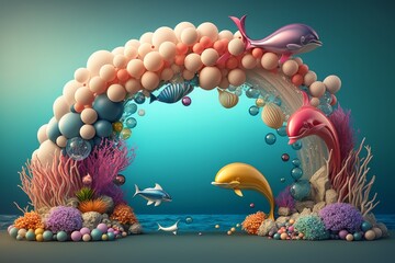 Arch decorated underwater world with dolphin and bubbles. Generative AI © LAYHONG