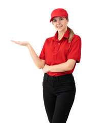 Young woman holding or showing hand to blank space smiling happily and positively, woman as parcel delivery woman isolated over white background. Shipment delivery. Straight photo
