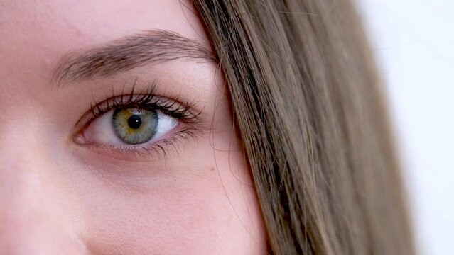 Close Look. close-up green eye of a girl with painted eyelashes natural eyebrows Eyes of a young girl looking directly into the camera. Blue eyes close up. High quality 4k footage