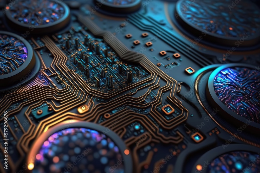 Poster the abstract technological basis consists of various elements of a printed circuit board and flashes