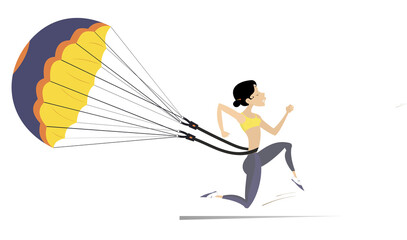 Hard training runner woman. 
Cartoon running woman drags a parachute. Isolated on white background
