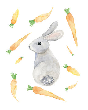 Cute Bunny with carrot. Easter template. Hand drawn watercolor animals illustration