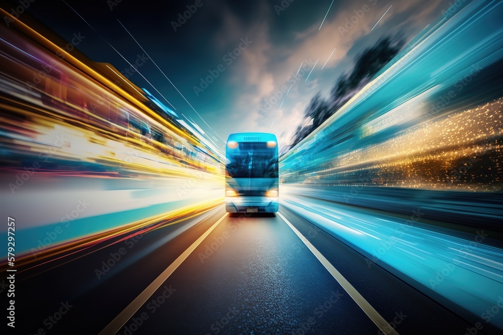 Fototapete abstraction of digital data flow on the road with blurring when driving with a bus.generative ai