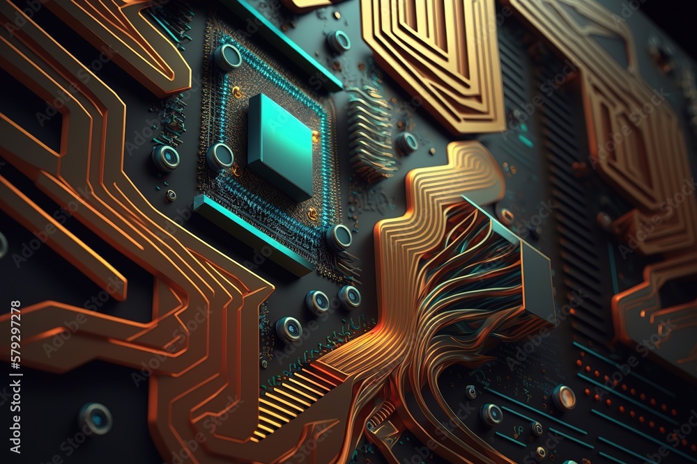 Aufkleber The Abstract technological basis consists of various elements of a printed circuit board and flashes.Generative AI