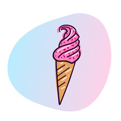 Pink ice cream cone with sprinkles. Bright stylish illustration in doodle style.
