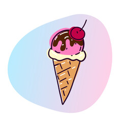 Ice cream cone with cherry. Bright vector illustration in doodle style