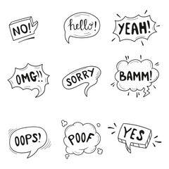Vector comic speech bubble with phrase no, hello, yeah, omg, sorry, bamm,oops, poof, yes. Black and white comic cartoon sound speech bubble set. Doodle style.
