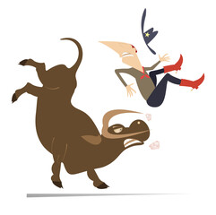 Farmer or cowboy and angry bull illustration. 
Rodeo. Bull raised farmer or cowboy by horns. Isolated on white background
