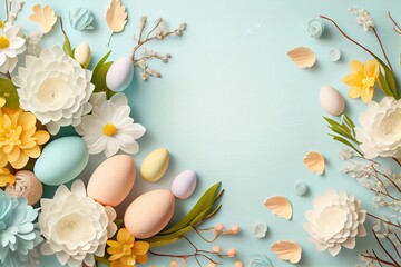 Easter background with copy space. Eggs, flowers, pastel colors illustration top view generative AI, generative, ai