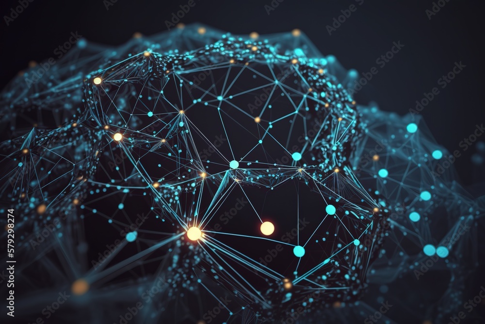 Aufkleber Abstract background of a molecule with polygonal shapes connecting dots and lines.Generative AI