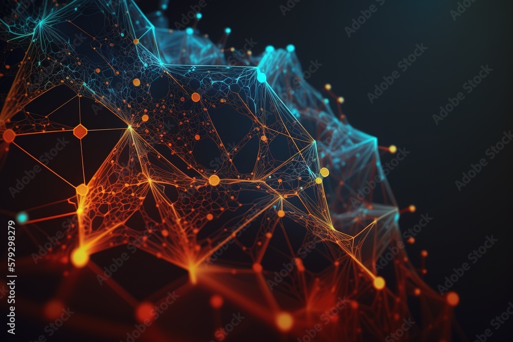 Aufkleber Abstract background of a molecule with polygonal shapes connecting dots and lines.Generative AI