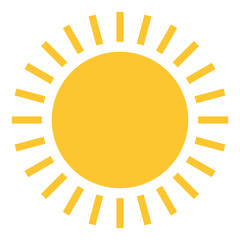 Yellow sun icon, flat style hot summer vector design. Sunlight, nature, sky object illustration symbol isolated on white background.