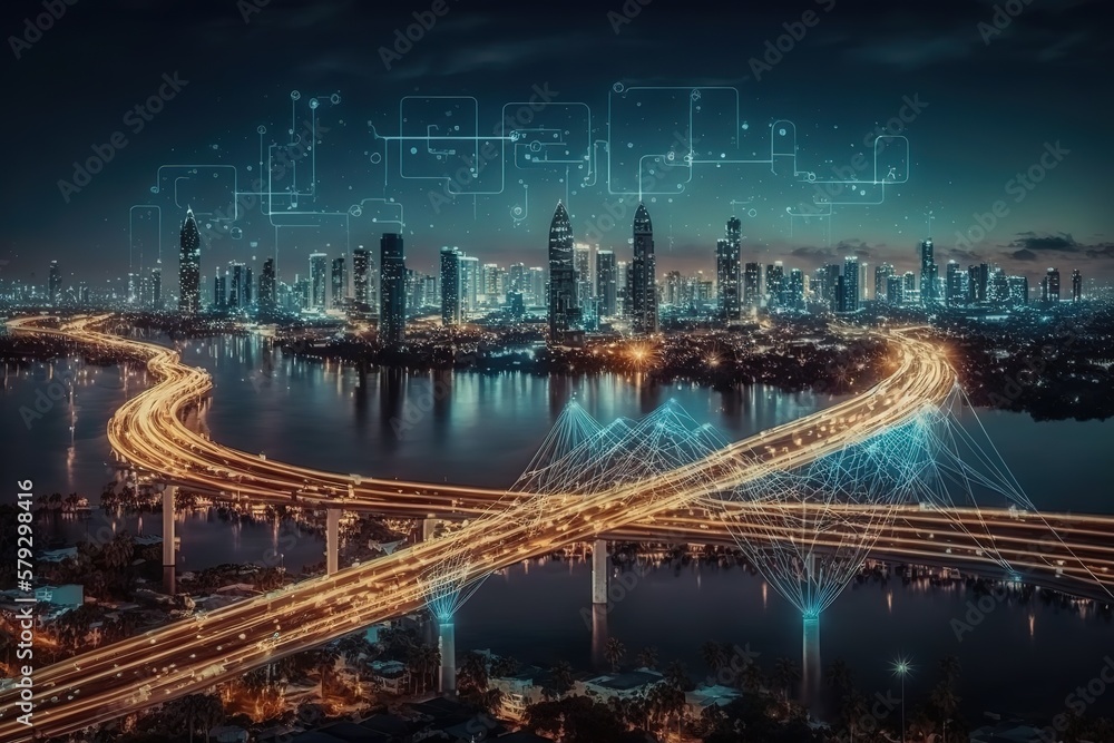 Poster Smart city and abstract points of technological connection with lines.Generative AI