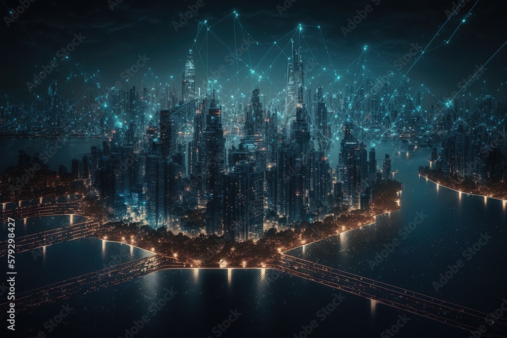 Aufkleber Smart city and abstract points of technological connection with lines.Generative AI