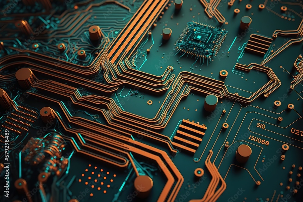 Poster Abstract background of the technical design of the printed circuit board.Generative AI