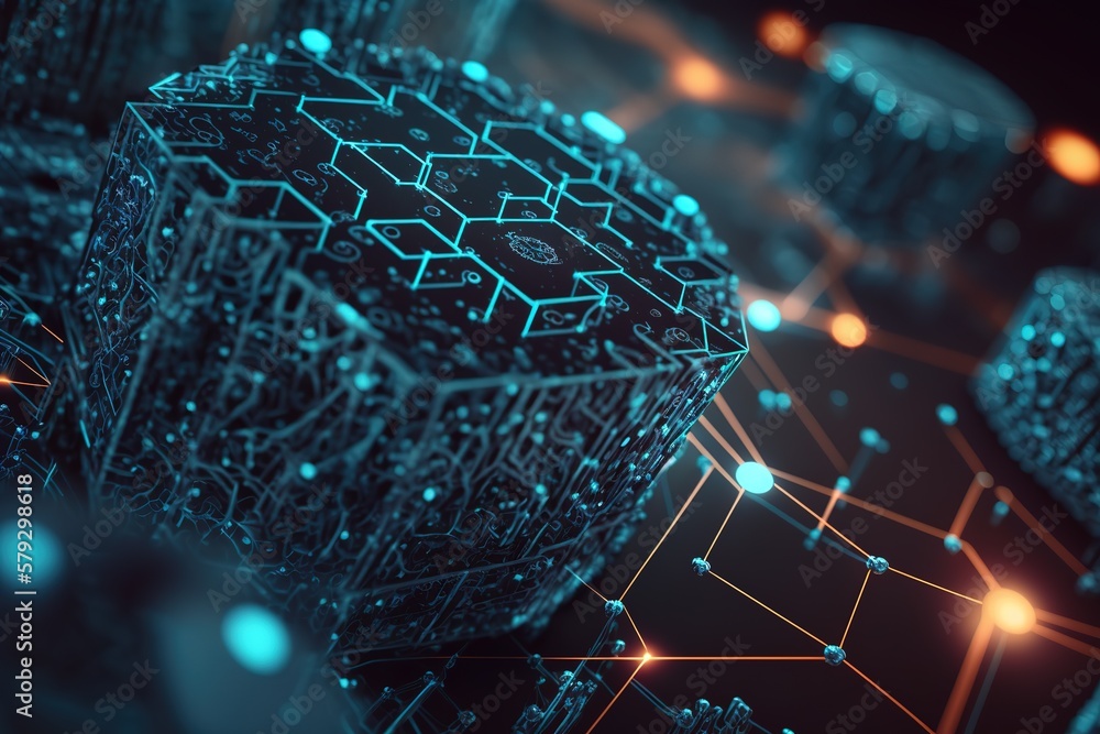 Poster Abstract technological background, matrix particles of the virtual reality grid. Generative AI