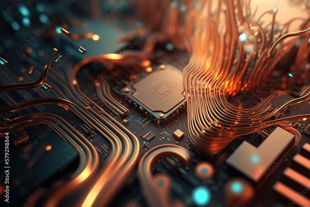 Poster the background of the technological printed circuit board and the code, the motherboard.generative a
