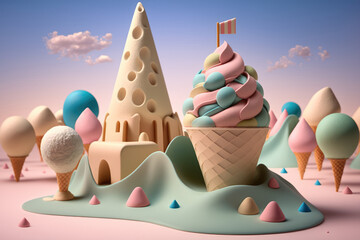 Ice cream. Fairy tale ice cream land. Fairy tale town and landscape made from ice cream, chocolate, candy, bonbon and sweets. Generative ai illustration in cartoon 3d style, pastel color