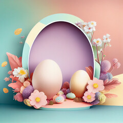 Naklejka na ściany i meble Podium platform and greeting card, easter holiday in spring, pastel colored eggs and flowers, generative AI 
