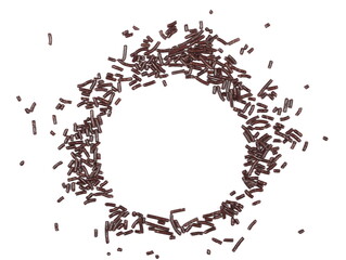 Chocolate sprinkles pile, circle frame granules isolated on white, top view 