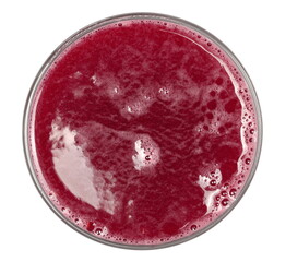 Pomegranate juice in glass cup isolated on white, top view