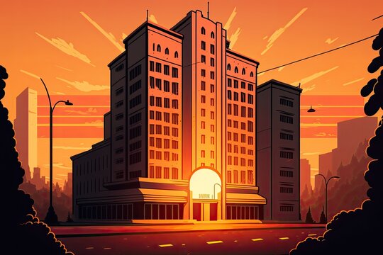 cartoonish building illustration in front of a sunrise; a lovely desktop wallpaper option. Generative AI