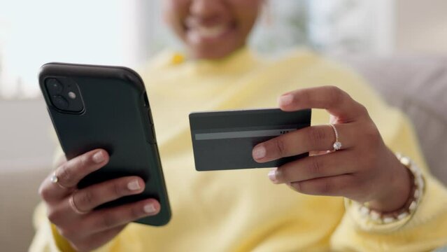 Black woman, hands with smartphone and credit card for online payment, e commerce and shopping with finance. Internet banking, pay with fintech and retail, discount and deal, bank app and sale